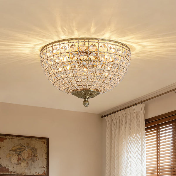 Vintage 3 - Light Brass Crystal Dome - Shaped Cage Flush Mount Ceiling Light - Yiilighting