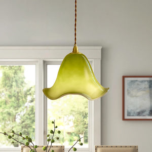 Vintage Cottage Gradient Green Ruffled Bell Glass Pendant Light - Yiilighting