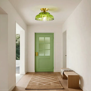 Vintage Green Striped Glass Double - Layer Floral Semi - Flush Mount Ceiling Light - Yiilighting