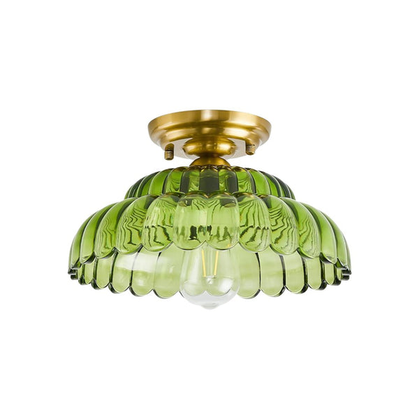 Vintage Green Striped Glass Double - Layer Floral Semi - Flush Mount Ceiling Light - Yiilighting