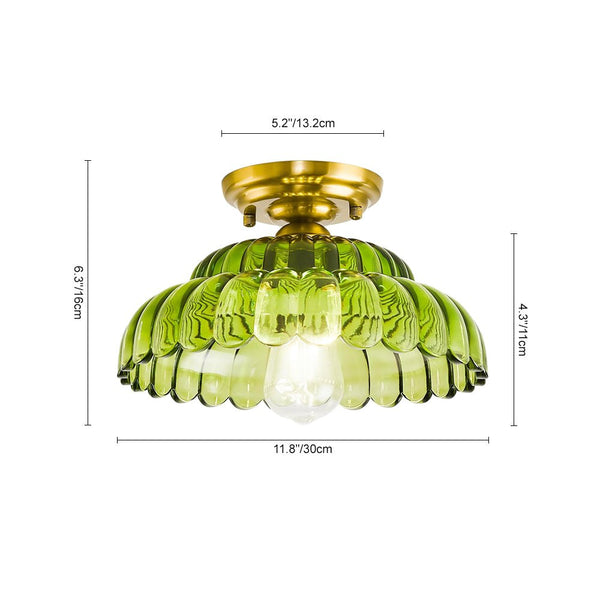 Vintage Green Striped Glass Double - Layer Floral Semi - Flush Mount Ceiling Light - Yiilighting