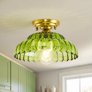 Vintage Green Striped Glass Double - Layer Floral Semi - Flush Mount Ceiling Light - Yiilighting