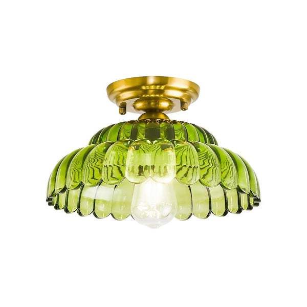 Vintage Green Striped Glass Double - Layer Floral Semi - Flush Mount Ceiling Light - Yiilighting