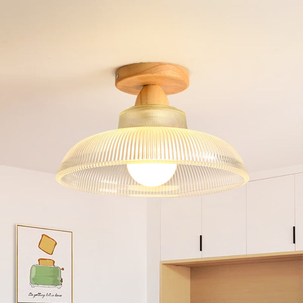 Vintage Wooden Ribbed Glass Dome - Shaped Semi - Flush Ceiling Light - Yiilighting