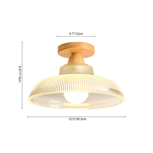 Vintage Wooden Ribbed Glass Dome - Shaped Semi - Flush Ceiling Light - Yiilighting